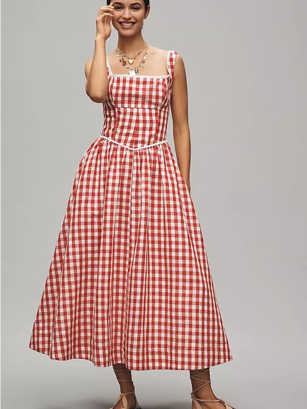 NWT Wayf Red and White Gingham Square-Neck Maxi Dress